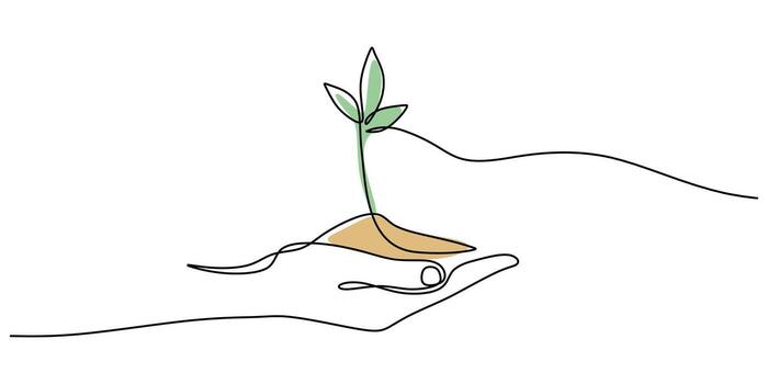 Hand holding a small tree in continuous line drawing, symbolizing hope and environmental protection. vector