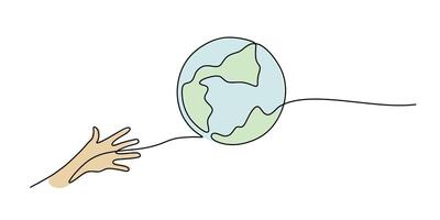 Hand cradling the Earth in continuous line drawing, symbolizing responsibility and environmental awareness. vector