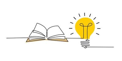 Light bulb and an open book in continuous line drawing, symbolizing learning, knowledge, and creativity. vector