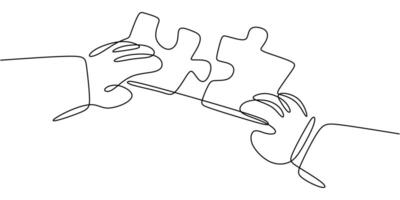 Continuous one line drawing of a hand holding a puzzle piece, symbolizing unity and solutions. vector