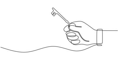 Continuous one line drawing of a hand holding a key, representing control and new opportunities. vector