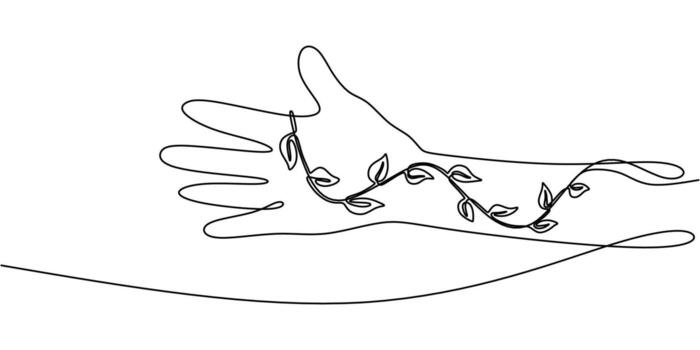 Continuous one line drawing of a hand surrounding a seedling, representing support and new beginnings. vector