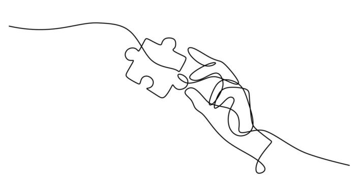 mano participación un rompecabezas pedazo en continuo línea dibujo, simbolizando conexión y problema resolviendo vector