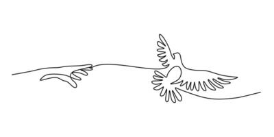Continuous line drawing of a hand releasing a bird, representing liberation and hope. vector