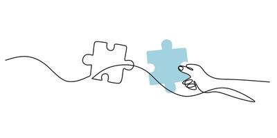 Continuous line drawing of a hand holding a puzzle piece, symbolizing unity and the pursuit of understanding. vector
