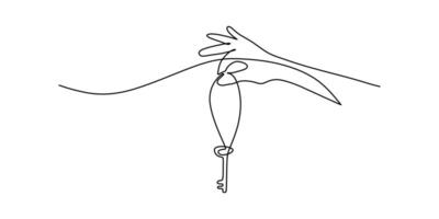 Continuous line drawing of a hand holding a key, symbolizing control and new possibilities. vector