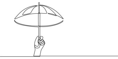 Hand holding an umbrella with falling rain in continuous line drawing, symbolizing resilience and protection. vector