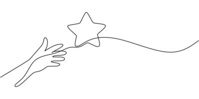 Hand reaching for the stars in continuous line drawing, symbolizing ambition and the pursuit of dreams. vector