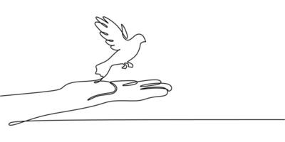 Continuous line drawing of a hand offering a dove, symbolizing hope and peace. vector