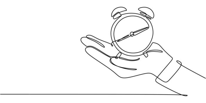 Continuous line drawing of a hand holding a clock, depicting the fleeting nature of time. vector