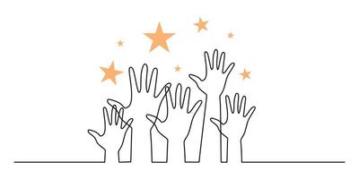 Hands reaching for the stars in continuous line drawing, symbolizing ambition and dreams. vector
