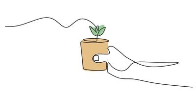 Continuous line drawing of a hand supporting a growing plant, representing growth and guidance. vector