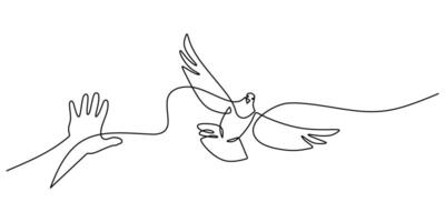 Continuous line drawing of a hand offering a dove, representing reconciliation and peace. vector