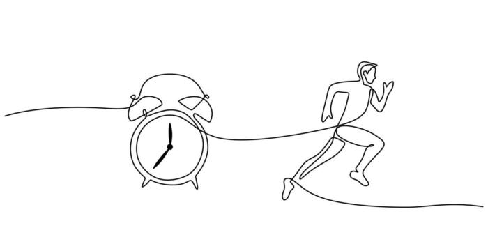Clock and man running in continuous line drawing, symbolizing urgency and time management. vector