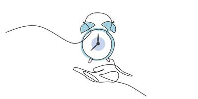 Hand holding a clock in continuous line drawing, symbolizing the passage of time. vector