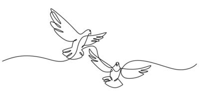 Couple of doves flying in continuous line drawing, symbolizing freedom and unity. vector