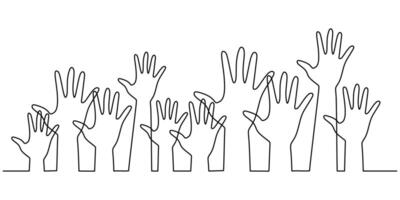 Continuous line drawing of hands raising, symbolizing teamwork and collaboration. vector