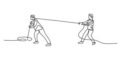 Two people gripping a rope in continuous line drawing, symbolizing teamwork and unity. vector