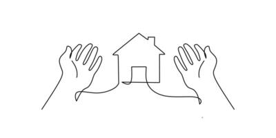 Hand holding a small house in continuous line drawing, symbolizing home and protection. vector