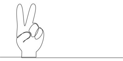 Hand showing peace sign in continuous line drawing, representing peace and hope. vector