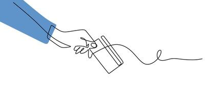 Hand Holding Credit Card one line drawing. Finance, business, and banking concept. One line minimalist art. vector