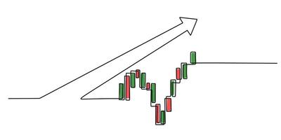 Continuous line drawing of a stock market arrow with candlesticks, symbolizing financial growth and trading. Minimalist art. vector