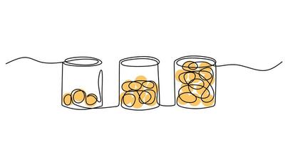 Savings jars depicted in a continuous line style, symbolizing business, savings, and financial planning. Minimalist art. vector