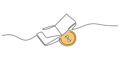 Wallet holding a dollar coin, drawn in a continuous line style to symbolize finance and money management. Minimalist art. vector