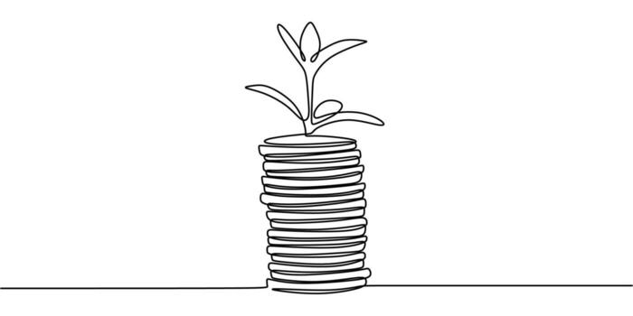 continuo línea dibujo de un árbol brotante desde un moneda. financiero crecimiento y inversión vector