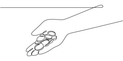 Continuous Line Drawing of Hands Passing Coin. Symbolizing Money Flow and Transactions vector