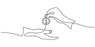Continuous Line Drawing of Hands Giving a Coin. Symbolizing Financial Exchange and Generosity vector