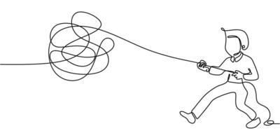 Continuous Line One Drawing of Businessman Untangling Rope. Financial and Business Challenges vector