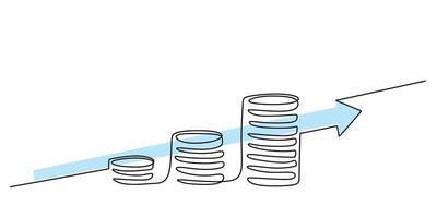 Continuous Line Drawing of Arrow Rising from Coin Stack. Financial Growth and Success vector