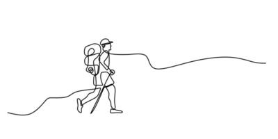 Continuous Line Drawing of Travelers Hiking in Mountains. Illustrating Beauty of Nature and Physical Activity vector