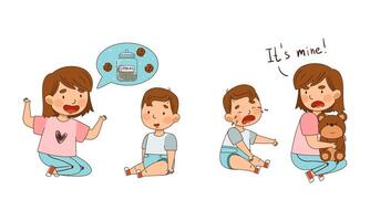 Warring Sister Grabbing Toy Teddy Bear from Her Little Crying Brother and Telling Him about Cookie as Family Relations Illustration Set vector