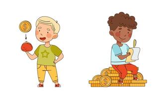Little Boy Sitting on Pile of Dollar Coin and Calculating Profit Illustration Set vector