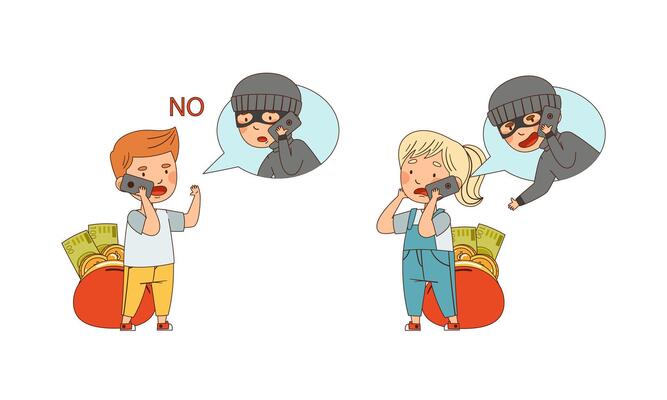 Little Boy and Girl with Money in Purse Speaking by Phone with Fraud Illustration Set