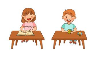 Little Boy and Girl in Kindergarden at Table Learning Alphabet and Modeling from Plasticine Illustration Set vector