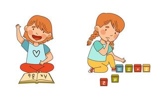 Little Girl in Kindergarden Learning Alphabet with Book and Doing Sum with Cubes Illustration Set vector