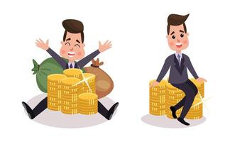 Rich Businessman Character Sitting with Pile of Golden Coins Illustration Set vector