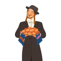 Gastronomic Tourism with Man Character with Side Curls Holding Authentic Jewish Challah Bread with Sesame Seed Illustration vector