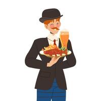 Gastronomic Tourism with Man Character Holding Authentic English Dish with Beer and Fish and Chips Illustration vector