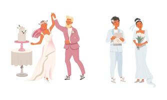 Affectionate Newlyweds Couple as Just Married Male and Female Dancing and Reading Wedding Vow Illustration Set vector