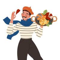 Gastronomic Tourism with Moustached Man Character Holding Authentic French Dish with Escargot Illustration vector