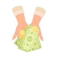 Hand with Green Dollar Banknote or Paper Money and Coins Rested on Open Palm Illustration vector