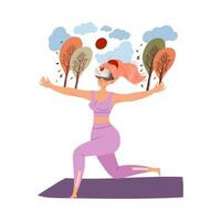 Girl doing yoga using virtual reality glasses. Woman using modern device cartoon illustration vector