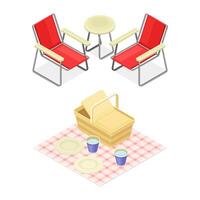 Chairs with Armrest and Table with Basket and Checkered Cloth as Picnic Place Isometric Illustration Set vector