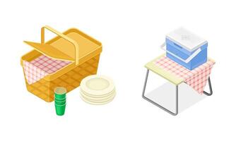Hamper with Checkered Tablecloth and Stacked Plates and Refrigerator Box as Picnic Isometric Illustration Set vector