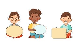 Little Boy Sitting and Holding Empty Plaque Illustration Set vector