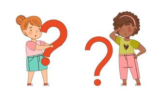 Puzzled Little Girl with Question Mark Scratching Her Head Wondering Illustration Set vector